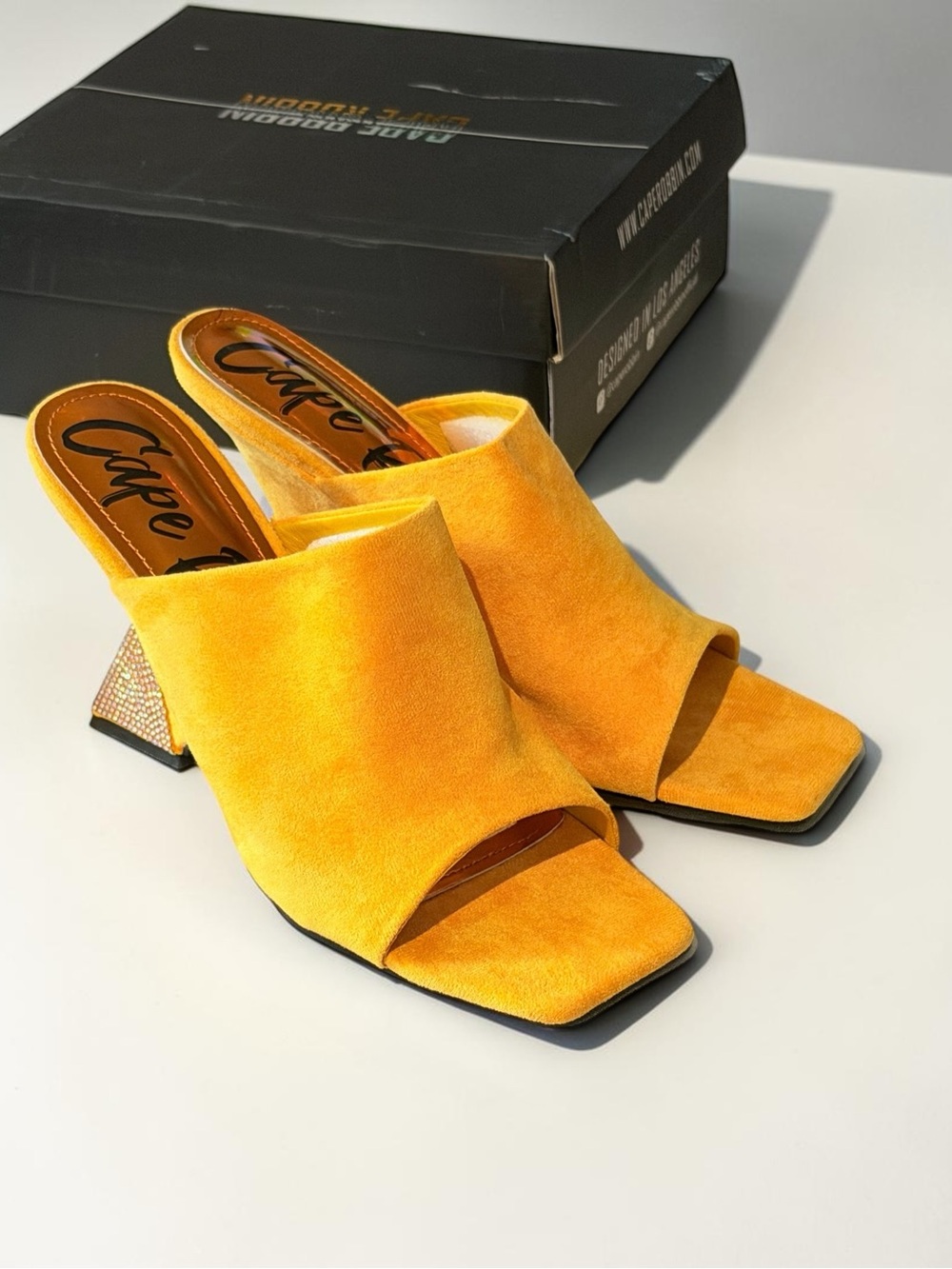 Cape Robbin Orange Yellow Suede Open-Toe Mules with Embellished Block Heel - Picture 8 of 13